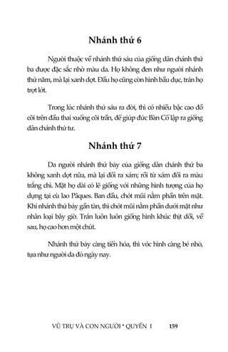  
 
VŨ TRỤ VÀ CON NGƯỜI * QUYỂN  I            159 
 
Nhánh thứ 6 
  Người thuộc về nhánh thứ sáu của giống dân chánh thứ 
ba được đặc sắc nhờ màu da. Họ không đen như người nhánh 
thứ năm, mà lại xanh dợt. Đầu họ cũng còn hình bầu dục, trán họ 
trợt lớt. 
  Trong lúc nhánh thứ sáu ra đời, thì có nhiều bậc cao đồ 
cõi trên đầu thai xuống cõi trần, để giúp đức Bàn Cổ lập ra giống 
dân chánh thứ tư. 
Nhánh thứ 7 
  Da người nhánh thứ bảy của giống dân chánh thứ ba 
không xanh dợt nữa, mà lại đổi ra xám; rồi từ xám đổi ra màu 
trắng chì. Mặt họ dài có lẽ giống với những hình tượng của họ 
dựng tại cù lao Pâques. Ban đầu, chót mũi nằm phần trên mặt. 
Khi nhánh thứ bảy gần tàn, thì chót mũi nằm phần dưới mặt như 
nhân loại bây giờ. Trán luôn luôn giống hình khúc thịt dồi, về 
sau, họ cao hơn một chút. 
  Nhánh thứ bảy càng tiến hóa, thì vóc hình càng bé nhỏ, 
tựa như người da đỏ ngày nay. 
 
