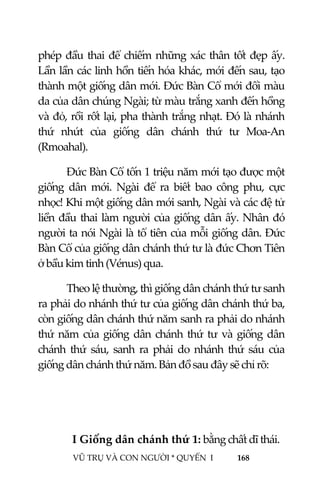  
 
VŨ TRỤ VÀ CON NGƯỜI * QUYỂN  I            168 
 
phép đầu thai để chiếm những xác thân tốt đẹp ấy. 
Lần lần các linh hồn tiến hóa khác, mới đến sau, tạo 
thành một giống dân mới. Đức Bàn Cổ mới đổi màu 
da của dân chúng Ngài; từ màu trắng xanh đến hồng 
và đỏ, rồi rốt lại, pha thành trắng nhạt. Đó là nhánh 
thứ  nhứt  của  giống  dân  chánh  thứ  tư  Moa‐An 
(Rmoahal). 
Đức Bàn Cổ tốn 1 triệu năm mới tạo được một 
giống  dân  mới.  Ngài  để  ra  biết  bao  công  phu,  cực 
nhọc! Khi một giống dân mới sanh, Ngài và các đệ tử 
liền đầu thai làm người của giống dân ấy. Nhân đó 
người ta nói Ngài là tổ tiên của mỗi giống dân. Đức 
Bàn Cổ của giống dân chánh thứ tư là đức Chơn Tiên 
ở bầu kim tinh (Vénus) qua. 
Theo lệ thường, thì giống dân chánh thứ tư sanh 
ra phải do nhánh thứ tư của giống dân chánh thứ ba, 
còn giống dân chánh thứ năm sanh ra phải do nhánh 
thứ năm của giống dân chánh thứ tư và giống dân 
chánh  thứ  sáu,  sanh  ra  phải  do  nhánh  thứ  sáu  của 
giống dân chánh thứ năm. Bản đồ sau đây sẽ chỉ rõ: 
 
 
  I Giống dân chánh thứ 1: bằng chất dĩ thái. 
 
