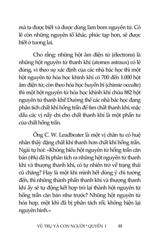  
 
VŨ TRỤ VÀ CON NGƯỜI * QUYỂN  I            55 
 
mà ta được biết và được dùng làm bom nguyên tử. Có 
lẽ còn những nguyên tố khác, phức tạp hơn, sẽ được 
biết ở tương lai. 
  Cho rằng: những hột âm điện tử (électrons) là 
những hột nguyên tử thanh khí (atomes astraux) có lẽ 
đúng, vì theo sự xác định của các nhà bác học thì một 
hột nguyên tử hóa học khinh khí có 700 đến 1.000 hột 
âm điện tử; còn theo hóa học huyền bí (chimie occulte) 
thì một hột nguyên tử hóa học khinh khí chứa 882 hột 
nguyên tử thanh khí! Dường thể các nhà bác học đang 
phân tích chất khí hồng trần để tìm chất thanh khí; mặc 
dầu các vị nầy chỉ cho chất thanh khí là một phần tư 
của chất hồng trần. 
  Ông C. W. Leadbeater là một vị chân tu có huệ 
nhãn thấy đặng chất khí thanh hơn chất khí hồng trần. 
Ngài tự hỏi: «Không hiểu hột nguyên tử hồng trần căn 
bản (496) đã bị phân tích ra những hột nguyên tử thanh 
khí và thượng thanh khí, có tự nhiên trở về trạng thái 
cũ chăng? Hay là một khi mình hết dùng ý chí tưởng 
đến, thì những thành phần thanh khí và thượng thanh 
khí ấy sẽ tự động kết hợp trở lại thành hột nguyên tử 
hồng trần căn bản như trước? Những hột nguyên tử 
hóa hợp, một khi đã bị phân tách rồi, không hiện lại 
nguyên hình.» 
 