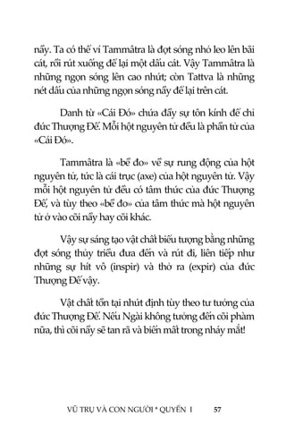  
 
VŨ TRỤ VÀ CON NGƯỜI * QUYỂN  I            57 
 
nầy. Ta có thể ví Tammâtra là đợt sóng nhỏ leo lên bãi 
cát, rồi rút xuống để lại một dấu cát. Vậy Tammâtra là 
những ngọn sóng lên cao nhứt; còn Tattva là những 
nét dấu của những ngọn sóng nầy để lại trên cát. 
  Danh từ «Cái Đó» chứa đầy sự tôn kính để chỉ 
đức Thượng Đế. Mỗi hột nguyên tử đều là phần tử của 
«Cái Đó». 
  Tammâtra là «bề đo» về sự rung động của hột 
nguyên tử, tức là cái trục (axe) của hột nguyên tử. Vậy 
mỗi hột nguyên tử đều có tâm thức của đức Thượng 
Đế, và tùy theo «bề đo» của tâm thức mà hột nguyên 
tử ở vào cõi nầy hay cõi khác. 
  Vậy sự sáng tạo vật chất biểu tượng bằng những 
đợt sóng thủy triều đưa đến và rút đi, liên tiếp như 
những  sự  hít  vô  (inspir)  và  thở  ra  (expir)  của  đức 
Thượng Đế vậy. 
  Vật chất tồn tại nhứt định tùy theo tư tưởng của 
đức Thượng Đế. Nếu Ngài không tưởng đến cõi phàm 
nữa, thì cõi nầy sẽ tan rã và biến mất trong nháy mắt! 
   
 
 