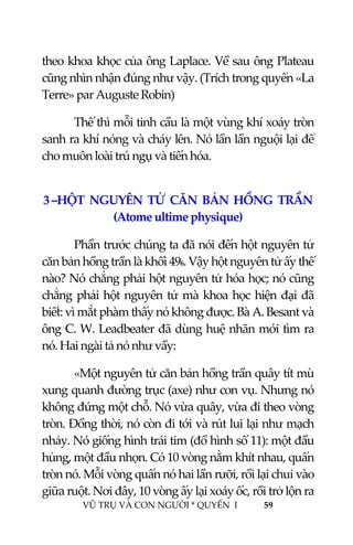  
 
VŨ TRỤ VÀ CON NGƯỜI * QUYỂN  I            59 
 
theo khoa khọc của ông Laplace. Về sau ông Plateau 
cũng nhìn nhận đúng như vậy. (Trích trong quyển «La 
Terre» par Auguste Robin) 
  Thế thì mỗi tinh cầu là một vùng khí xoáy tròn 
sanh ra khí nóng và cháy lên. Nó lần lần nguội lại để 
cho muôn loài trú ngụ và tiến hóa. 
 
3 –HỘT  NGUYÊN  TỬ  CĂN  BẢN  HỒNG  TRẦN   
(Atome ultime physique) 
  Phần trước chúng ta đã nói đến hột nguyên tử 
căn bản hồng trần là khối 496. Vậy hột nguyên tử ấy thế 
nào? Nó chẳng phải hột nguyên tử hóa học; nó cũng 
chẳng phải hột nguyên tử mà khoa học hiện đại đã 
biết: vì mắt phàm thấy nó không được. Bà A. Besant và 
ông C. W. Leadbeater đã dùng huệ nhãn mới tìm ra 
nó. Hai ngài tả nó như vầy: 
  «Một nguyên tử căn bản hồng trần quây tít mù 
xung quanh đường trục (axe) như con vụ. Nhưng nó 
không đứng một chỗ. Nó vừa quây, vừa đi theo vòng 
tròn. Đồng thời, nó còn đi tới và rút lui lại như mạch 
nhảy. Nó giống hình trái tim (đồ hình số 11): một đầu 
hủng, một đầu nhọn. Có 10 vòng nằm khít nhau, quấn 
tròn nó. Mỗi vòng quấn nó hai lần rưỡi, rồi lại chui vào 
giữa ruột. Nơi đây, 10 vòng ấy lại xoáy ốc, rồi trở lộn ra 
 