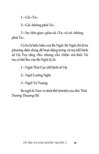  
 
VŨ TRỤ VÀ CON NGƯỜI * QUYỂN  I            66 
 
1 – Cái «Ta». 
2 – Cái «không phải Ta». 
3 – Sự «liên giao» giữa cái «Ta» và cái «không 
phải Ta». 
Cả ba là biểu hiệu của Ba Ngôi. Ba Ngôi chỉ là ba 
phương diện dùng để hoạt động trong vũ trụ (đồ hình 
số 13). Tuy rằng «Ba» nhưng vẫn «Một» mà thôi. Vũ 
trụ có thể thu vào Ba Ngôi ấy là: 
1 – Ngôi Thái Cực (đồ hình số 14). 
2 – Ngôi Lưỡng Nghi. 
3 – Ngôi Tứ Tượng. 
Ba ngôi là Tam vị nhứt thể (trinité) của đức Thái 
Dương Thượng Đế. 
 
 
 
 
 
 