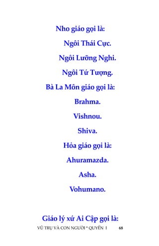  
 
VŨ TRỤ VÀ CON NGƯỜI * QUYỂN  I            68 
 
Nho giáo gọi là: 
Ngôi Thái Cực. 
Ngôi Lưỡng Nghi. 
Ngôi Tứ Tượng. 
Bà La Môn giáo gọi là: 
Brahma. 
Vishnou. 
Shiva. 
Hỏa giáo gọi là: 
Ahuramazda. 
Asha. 
Vohumano. 
 
Giáo lý xứ Ai Cập gọi là: 
 