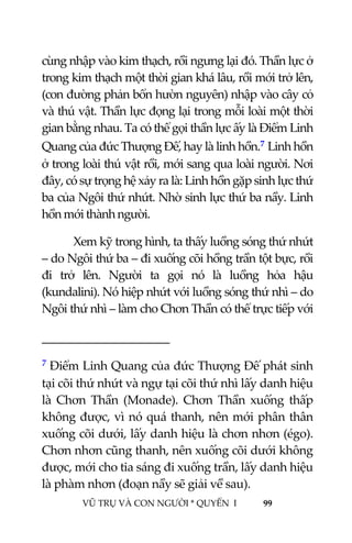  
 
VŨ TRỤ VÀ CON NGƯỜI * QUYỂN  I            99 
 
cùng nhập vào kim thạch, rồi ngưng lại đó. Thần lực ở 
trong kim thạch một thời gian khá lâu, rồi mới trở lên, 
(con đường phản bổn hườn nguyên) nhập vào cây cỏ 
và thú vật. Thần lực đọng lại trong mỗi loài một thời 
gian bằng nhau. Ta có thể gọi thần lực ấy là Điểm Linh 
Quang của đức Thượng Đế, hay là linh hồn.7 Linh hồn 
ở trong loài thú vật rồi, mới sang qua loài người. Nơi 
đây, có sự trọng hệ xảy ra là: Linh hồn gặp sinh lực thứ 
ba của Ngôi thứ nhứt. Nhờ sinh lực thứ ba nầy. Linh 
hồn mới thành người. 
Xem kỹ trong hình, ta thấy luồng sóng thứ nhứt 
– do Ngôi thứ ba – đi xuống cõi hồng trần tột bực, rồi 
đi  trở  lên.  Người  ta  gọi  nó  là  luồng  hỏa  hậu 
(kundalini). Nó hiệp nhứt với luồng sóng thứ nhì – do 
Ngôi thứ nhì – làm cho Chơn Thần có thể trực tiếp với 
                                           
7 Điểm Linh Quang của đức Thượng Đế phát sinh 
tại cõi thứ nhứt và ngự tại cõi thứ nhì lấy danh hiệu 
là  Chơn  Thần  (Monade).  Chơn  Thần  xuống  thấp 
không được, vì nó quá thanh, nên mới phân thân 
xuống cõi dưới, lấy danh hiệu là chơn nhơn (égo). 
Chơn nhơn cũng thanh, nên xuống cõi dưới không 
được, mới cho tia sáng đi xuống trần, lấy danh hiệu 
là phàm nhơn (đoạn nầy sẽ giải về sau). 
 