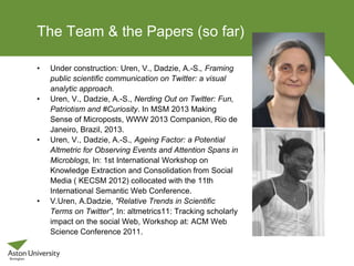 The Team & the Papers (so far)
• Under construction: Uren, V., Dadzie, A.-S., Framing
public scientific communication on Twitter: a visual
analytic approach.
• Uren, V., Dadzie, A.-S., Nerding Out on Twitter: Fun,
Patriotism and #Curiosity. In MSM 2013 Making
Sense of Microposts, WWW 2013 Companion, Rio de
Janeiro, Brazil, 2013.
• Uren, V., Dadzie, A.-S., Ageing Factor: a Potential
Altmetric for Observing Events and Attention Spans in
Microblogs, In: 1st International Workshop on
Knowledge Extraction and Consolidation from Social
Media ( KECSM 2012) collocated with the 11th
International Semantic Web Conference.
• V.Uren, A.Dadzie, "Relative Trends in Scientific
Terms on Twitter", In: altmetrics11: Tracking scholarly
impact on the social Web, Workshop at: ACM Web
Science Conference 2011.
 