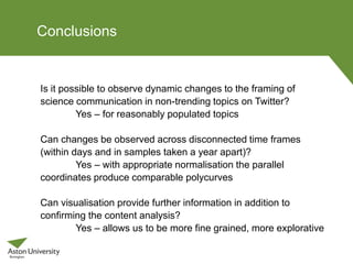 Conclusions
Is it possible to observe dynamic changes to the framing of
science communication in non-trending topics on Twitter?
Yes – for reasonably populated topics
Can changes be observed across disconnected time frames
(within days and in samples taken a year apart)?
Yes – with appropriate normalisation the parallel
coordinates produce comparable polycurves
Can visualisation provide further information in addition to
confirming the content analysis?
Yes – allows us to be more fine grained, more explorative
 