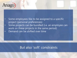 Copyright © 2014 Anago
But also ‘soft’ constraints
• Some employees like to be assigned to a specific
project (personal preferences)
• Some projects can be bundled (i.e. an employee can
work on these projects in the same period)
• Demand can be shifted over time
 