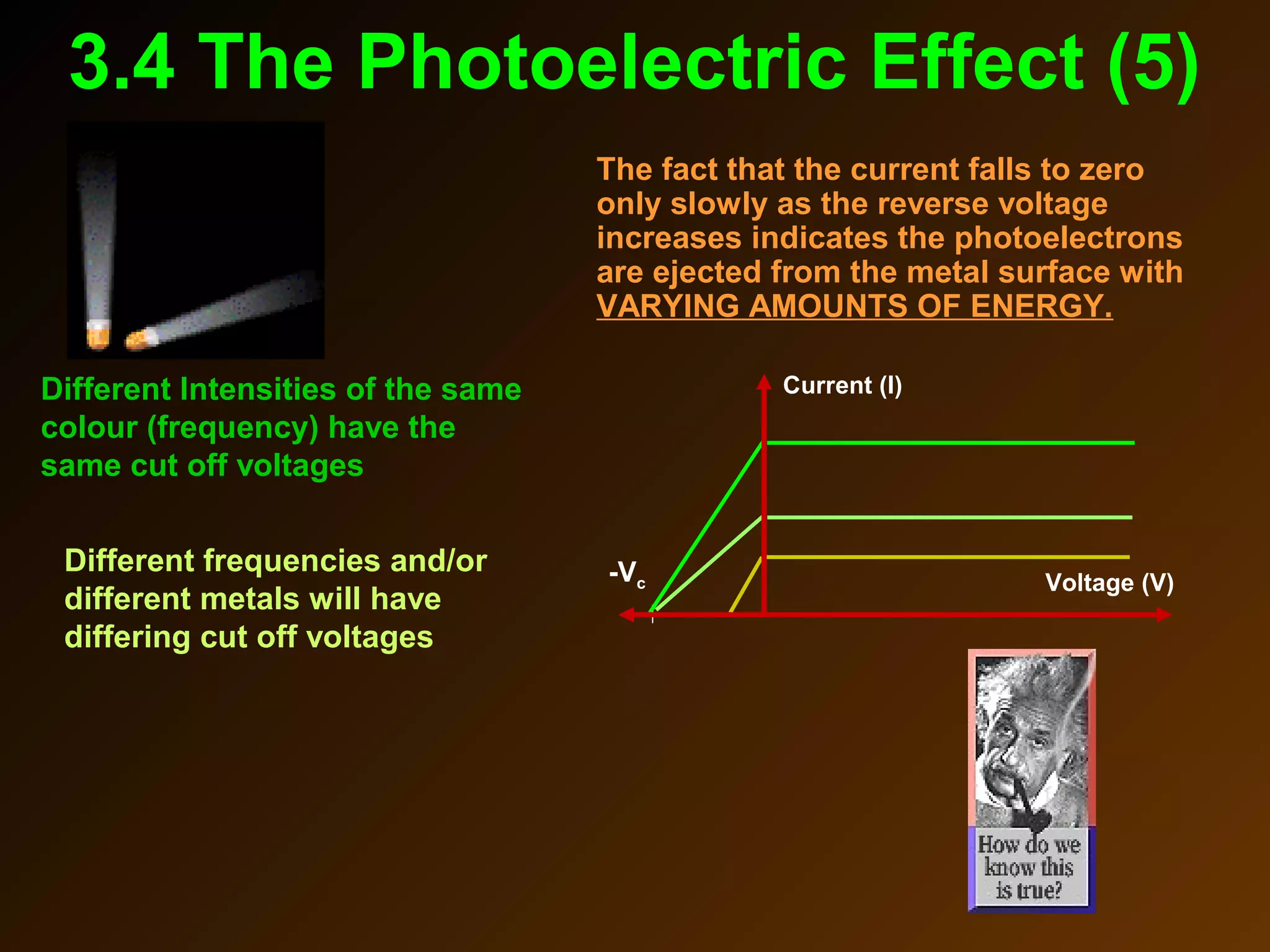 -Vc
The fact that the current falls to zero
only slowly as the reverse voltage
increases indicates the photoelectrons
are ejected from the metal surface with
VARYING AMOUNTS OF ENERGY.
Different Intensities of the same
colour (frequency) have the
same cut off voltages
Different frequencies and/or
different metals will have
differing cut off voltages
3.4 The Photoelectric Effect (5)
Current (I)
Voltage (V)
 