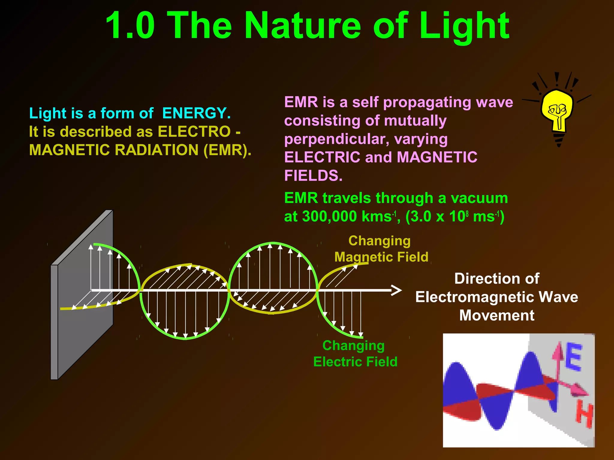 1.0 The Nature of Light
EMR is a self propagating wave
consisting of mutually
perpendicular, varying
ELECTRIC and MAGNETIC
FIELDS.
EMR travels through a vacuum
at 300,000 kms-1
, (3.0 x 108
ms-1
)
Direction of
Electromagnetic Wave
Movement
Changing
Magnetic Field
Changing
Electric Field
Light is a form of ENERGY.
It is described as ELECTRO -
MAGNETIC RADIATION (EMR).
 
