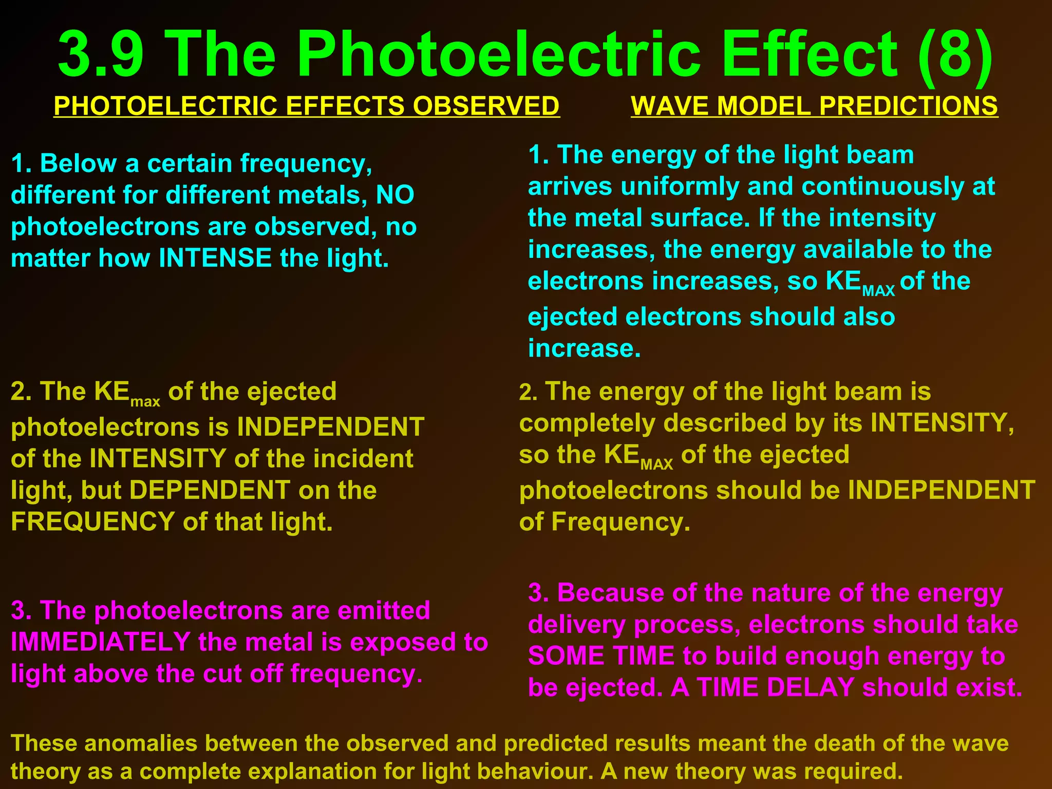 3.9 The Photoelectric Effect (8)
PHOTOELECTRIC EFFECTS OBSERVED WAVE MODEL PREDICTIONS
3. The photoelectrons are emitted
IMMEDIATELY the metal is exposed to
light above the cut off frequency.
3. Because of the nature of the energy
delivery process, electrons should take
SOME TIME to build enough energy to
be ejected. A TIME DELAY should exist.
2. The KEmax of the ejected
photoelectrons is INDEPENDENT
of the INTENSITY of the incident
light, but DEPENDENT on the
FREQUENCY of that light.
2. The energy of the light beam is
completely described by its INTENSITY,
so the KEMAX of the ejected
photoelectrons should be INDEPENDENT
of Frequency.
These anomalies between the observed and predicted results meant the death of the wave
theory as a complete explanation for light behaviour. A new theory was required.
1. The energy of the light beam
arrives uniformly and continuously at
the metal surface. If the intensity
increases, the energy available to the
electrons increases, so KEMAX of the
ejected electrons should also
increase.
1. Below a certain frequency,
different for different metals, NO
photoelectrons are observed, no
matter how INTENSE the light.
 