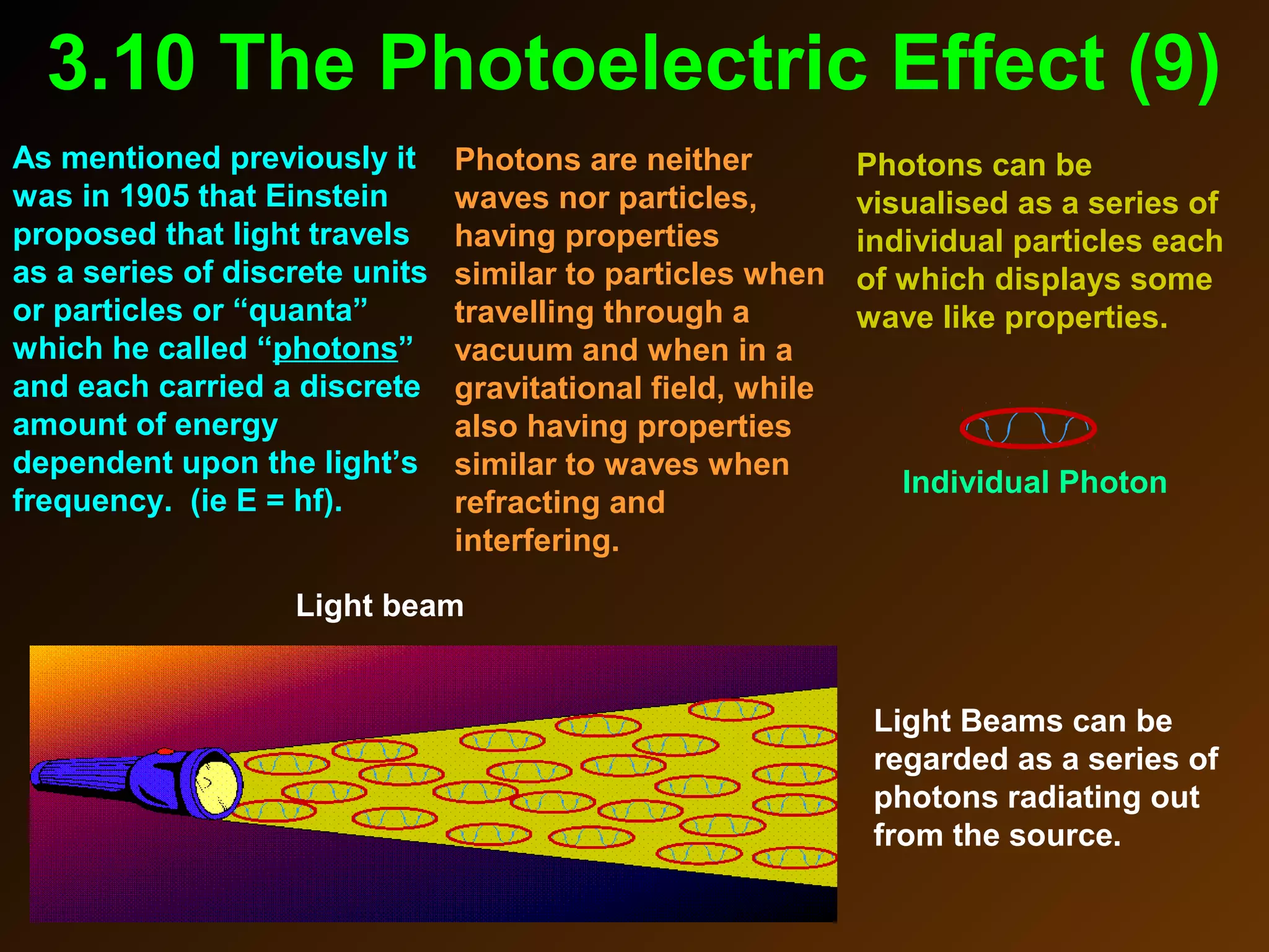 3.10 The Photoelectric Effect (9)
Individual Photon
Light beam
Light Beams can be
regarded as a series of
photons radiating out
from the source.
As mentioned previously it
was in 1905 that Einstein
proposed that light travels
as a series of discrete units
or particles or “quanta”
which he called “photons”
and each carried a discrete
amount of energy
dependent upon the light’s
frequency. (ie E = hf).
Photons are neither
waves nor particles,
having properties
similar to particles when
travelling through a
vacuum and when in a
gravitational field, while
also having properties
similar to waves when
refracting and
interfering.
Photons can be
visualised as a series of
individual particles each
of which displays some
wave like properties.
 