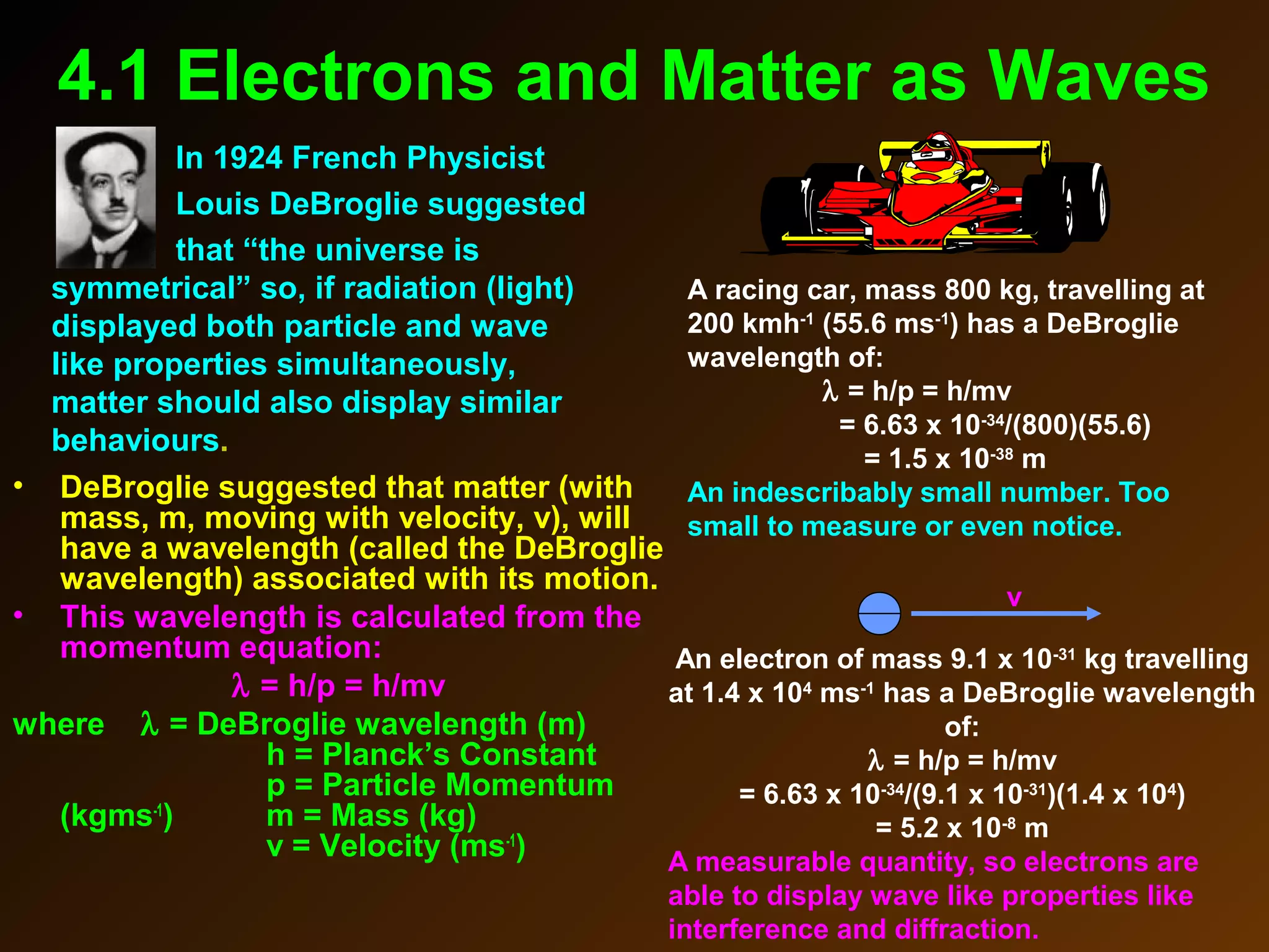 4.1 Electrons and Matter as Waves
• DeBroglie suggested that matter (with
mass, m, moving with velocity, v), will
have a wavelength (called the DeBroglie
wavelength) associated with its motion.
• This wavelength is calculated from the
momentum equation:
λ = h/p = h/mv
where λ = DeBroglie wavelength (m)
h = Planck’s Constant
p = Particle Momentum
(kgms-1
) m = Mass (kg)
v = Velocity (ms-1
)
A racing car, mass 800 kg, travelling at
200 kmh-1
(55.6 ms-1
) has a DeBroglie
wavelength of:
λ = h/p = h/mv
= 6.63 x 10-34
/(800)(55.6)
= 1.5 x 10-38
m
An indescribably small number. Too
small to measure or even notice.
An electron of mass 9.1 x 10-31
kg travelling
at 1.4 x 104
ms-1
has a DeBroglie wavelength
of:
λ = h/p = h/mv
= 6.63 x 10-34
/(9.1 x 10-31
)(1.4 x 104
)
= 5.2 x 10-8
m
A measurable quantity, so electrons are
able to display wave like properties like
interference and diffraction.
v
In 1924 French Physicist
Louis DeBroglie suggested
that “the universe is
symmetrical” so, if radiation (light)
displayed both particle and wave
like properties simultaneously,
matter should also display similar
behaviours.
 