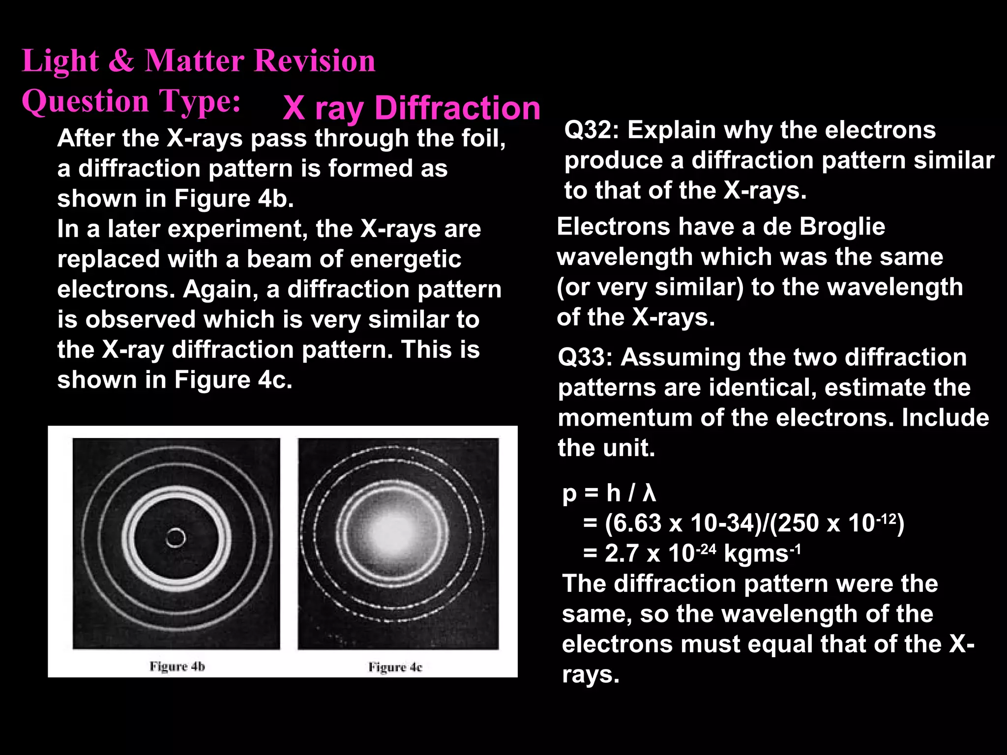 After the X-rays pass through the foil,
a diffraction pattern is formed as
shown in Figure 4b.
In a later experiment, the X-rays are
replaced with a beam of energetic
electrons. Again, a diffraction pattern
is observed which is very similar to
the X-ray diffraction pattern. This is
shown in Figure 4c.
Light & Matter Revision
Question Type: X ray Diffraction
Electrons have a de Broglie
wavelength which was the same
(or very similar) to the wavelength
of the X-rays.
Q32: Explain why the electrons
produce a diffraction pattern similar
to that of the X-rays.
Q33: Assuming the two diffraction
patterns are identical, estimate the
momentum of the electrons. Include
the unit.
p = h / λ
= (6.63 x 10-34)/(250 x 10-12
)
= 2.7 x 10-24
kgms-1
The diffraction pattern were the
same, so the wavelength of the
electrons must equal that of the X-
rays.
 