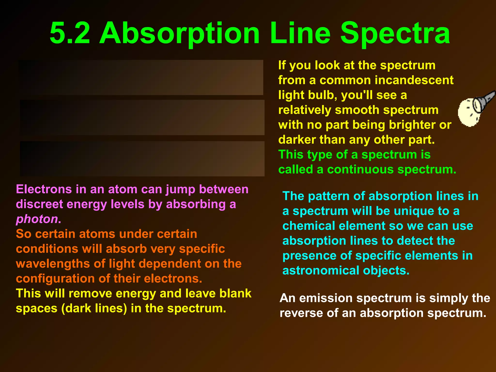 5.2 Absorption Line Spectra
If you look at the spectrum
from a common incandescent
light bulb, you'll see a
relatively smooth spectrum
with no part being brighter or
darker than any other part.
This type of a spectrum is
called a continuous spectrum.
Electrons in an atom can jump between
discreet energy levels by absorbing a
photon.
So certain atoms under certain
conditions will absorb very specific
wavelengths of light dependent on the
configuration of their electrons.
This will remove energy and leave blank
spaces (dark lines) in the spectrum.
An emission spectrum is simply the
reverse of an absorption spectrum.
The pattern of absorption lines in
a spectrum will be unique to a
chemical element so we can use
absorption lines to detect the
presence of specific elements in
astronomical objects.
 