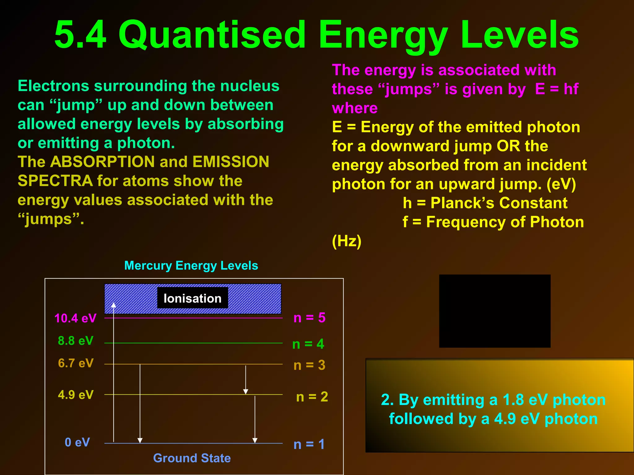 5.4 Quantised Energy Levels
Mercury Energy Levels
Ground State
n = 10 eV
n = 24.9 eV
n = 36.7 eV
8.8 eV n = 4
n = 510.4 eV
Ionisation
The Ground State (n = 1)
represents the lowest electron
energy level
States n = 2 to n = 5 represent
allowed energy levels for
electrons in Mercury atoms.
Electrons absorbing more than 10.4 eV of
energy from a photon collision will be
stripped completely from the Mercury
atom leaving it ionised
Electrons in excited state n = 3 can
return to the ground state by:
1. Emitting a single 6. 7 eV photon
OR
2. By emitting a 1.8 eV photon
followed by a 4.9 eV photon
Electrons surrounding the nucleus
can “jump” up and down between
allowed energy levels by absorbing
or emitting a photon.
The ABSORPTION and EMISSION
SPECTRA for atoms show the
energy values associated with the
“jumps”.
The energy is associated with
these “jumps” is given by E = hf
where
E = Energy of the emitted photon
for a downward jump OR the
energy absorbed from an incident
photon for an upward jump. (eV)
h = Planck’s Constant
f = Frequency of Photon
(Hz)
 