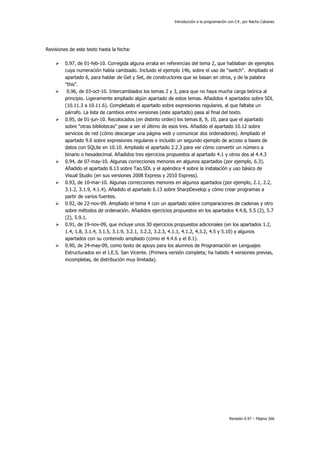 Introducción a la programación con C#, por Nacho Cabanes
Revisión 0.97 – Página 266
Revisiones de este texto hasta la fecha:
0.97, de 01-feb-10. Corregida alguna errata en referencias del tema 2, que hablaban de ejemplos
cuya numeración había cambiado. Incluido el ejemplo 14b, sobre el uso de "switch". Ampliado el
apartado 6, para hablar de Get y Set, de constructores que se basan en otros, y de la palabra
"this".
0.96, de 03-oct-10. Intercambiados los temas 2 y 3, para que no haya mucha carga teórica al
principio. Ligeramente ampliado algún apartado de estos temas. Añadidos 4 apartados sobre SDL
(10.11.3 a 10.11.6). Completado el apartado sobre expresiones regulares, al que faltaba un
párrafo. La lista de cambios entre versiones (este apartado) pasa al final del texto.
0.95, de 01-jun-10. Recolocados (en distinto orden) los temas 8, 9, 10, para que el apartado
sobre "otras bibliotecas" pase a ser el último de esos tres. Añadido el apartado 10.12 sobre
servicios de red (cómo descargar una página web y comunicar dos ordenadores). Ampliado el
apartado 9.6 sobre expresiones regulares e incluido un segundo ejemplo de acceso a bases de
datos con SQLite en 10.10. Ampliado el apartado 2.2.3 para ver cómo convertir un número a
binario o hexadecimal. Añadidos tres ejercicios propuestos al apartado 4.1 y otros dos al 4.4.3
0.94, de 07-may-10. Algunas correcciones menores en algunos apartados (por ejemplo, 6.3).
Añadido el apartado 8.13 sobre Tao.SDL y el apéndice 4 sobre la instalación y uso básico de
Visual Studio (en sus versiones 2008 Express y 2010 Express).
0.93, de 10-mar-10. Algunas correcciones menores en algunos apartados (por ejemplo, 2.1, 2.2,
3.1.2, 3.1.9, 4.1.4). Añadido el apartado 6.13 sobre SharpDevelop y cómo crear programas a
partir de varios fuentes.
0.92, de 22-nov-09. Ampliado el tema 4 con un apartado sobre comparaciones de cadenas y otro
sobre métodos de ordenación. Añadidos ejercicios propuestos en los apartados 4.4.8, 5.5 (2), 5.7
(2), 5.9.1.
0.91, de 19-nov-09, que incluye unos 30 ejercicios propuestos adicionales (en los apartados 1.2,
1.4, 1.8, 3.1.4, 3.1.5, 3.1.9, 3.2.1, 3.2.2, 3.2.3, 4.1.1, 4.1.2, 4.3.2, 4.5 y 5.10) y algunos
apartados con su contenido ampliado (como el 4.4.6 y el 8.1).
0.90, de 24-may-09, como texto de apoyo para los alumnos de Programación en Lenguajes
Estructurados en el I.E.S. San Vicente. (Primera versión completa; ha habido 4 versiones previas,
incompletas, de distribución muy limitada).
 