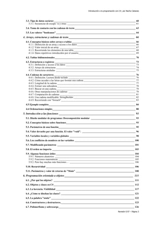 Introducción a la programación con C#, por Nacho Cabanes
Revisión 0.97 – Página 3
3.3. Tipo de datos carácter__________________________________________________________________ 60
3.3.1. Secuencias de escape: n y otras. _______________________________________________________ 61
3.4. Toma de contacto con las cadenas de texto _________________________________________________ 63
3.5. Los valores "booleanos" ________________________________________________________________ 64
4. Arrays, estructuras y cadenas de texto ________________________________________________ 66
4.1. Conceptos básicos sobre arrays o tablas ___________________________________________________ 66
4.1.1. Definición de un array y acceso a los datos _______________________________________________ 66
4.1.2. Valor inicial de un array _____________________________________________________________ 67
4.1.3. Recorriendo los elementos de una tabla__________________________________________________ 68
4.1.4. Datos repetitivos introducidos por el usuario______________________________________________ 69
4.2. Tablas bidimensionales_________________________________________________________________ 70
4.3. Estructuras o registros _________________________________________________________________ 73
4.3.1. Definición y acceso a los datos ________________________________________________________ 73
4.3.2. Arrays de estructuras ________________________________________________________________ 74
4.3.3. Estructuras anidadas ________________________________________________________________ 75
4.4. Cadenas de caracteres__________________________________________________________________ 76
4.4.1. Definición. Lectura desde teclado ______________________________________________________ 76
4.4.2. Cómo acceder a las letras que forman una cadena__________________________________________ 77
4.4.3. Longitud de la cadena._______________________________________________________________ 77
4.4.4. Extraer una subcadena _______________________________________________________________ 78
4.4.5. Buscar en una cadena________________________________________________________________ 78
4.4.6. Otras manipulaciones de cadenas ______________________________________________________ 78
4.4.7. Comparación de cadenas _____________________________________________________________ 81
4.4.8. Una cadena modificable: StringBuilder__________________________________________________ 82
4.4.9. Recorriendo con "foreach"____________________________________________________________ 83
4.5 Ejemplo completo______________________________________________________________________ 84
4.6 Ordenaciones simples___________________________________________________________________ 88
5. Introducción a las funciones _______________________________________________________ 93
5.1. Diseño modular de programas: Descomposición modular ____________________________________ 93
5.2. Conceptos básicos sobre funciones________________________________________________________ 93
5.3. Parámetros de una función______________________________________________________________ 95
5.4. Valor devuelto por una función. El valor "void". ___________________________________________ 96
5.5. Variables locales y variables globales _____________________________________________________ 98
5.6. Los conflictos de nombres en las variables ________________________________________________ 100
5.7. Modificando parámetros ______________________________________________________________ 101
5.8. El orden no importa __________________________________________________________________ 103
5.9. Algunas funciones útiles _______________________________________________________________ 104
5.9.1. Números aleatorios ________________________________________________________________ 104
5.9.2. Funciones matemáticas _____________________________________________________________ 105
5.9.3. Pero hay muchas más funciones… ____________________________________________________ 106
5.10. Recursividad _______________________________________________________________________ 106
5.11. Parámetros y valor de retorno de "Main" _______________________________________________ 108
6. Programación orientada a objetos __________________________________________________ 111
6.1. ¿Por qué los objetos? _________________________________________________________________ 111
6.2. Objetos y clases en C#_________________________________________________________________ 112
6.3. La herencia. Visibilidad _______________________________________________________________ 117
6.4. ¿Cómo se diseñan las clases? ___________________________________________________________ 121
6.5. La palabra "static" ___________________________________________________________________ 122
6.6. Constructores y destructores.___________________________________________________________ 123
6.7. Polimorfismo y sobrecarga_____________________________________________________________ 126
 