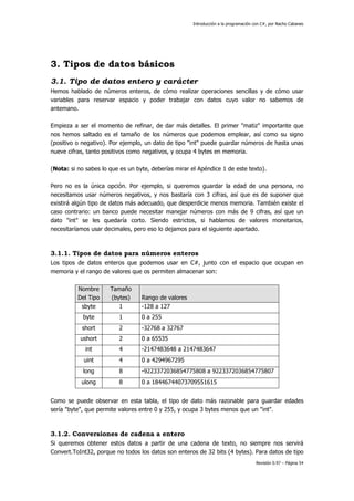 Introducción a la programación con C#, por Nacho Cabanes
Revisión 0.97 – Página 54
3. Tipos de datos básicos
3.1. Tipo de datos entero y carácter
Hemos hablado de números enteros, de cómo realizar operaciones sencillas y de cómo usar
variables para reservar espacio y poder trabajar con datos cuyo valor no sabemos de
antemano.
Empieza a ser el momento de refinar, de dar más detalles. El primer "matiz" importante que
nos hemos saltado es el tamaño de los números que podemos emplear, así como su signo
(positivo o negativo). Por ejemplo, un dato de tipo "int" puede guardar números de hasta unas
nueve cifras, tanto positivos como negativos, y ocupa 4 bytes en memoria.
(Nota: si no sabes lo que es un byte, deberías mirar el Apéndice 1 de este texto).
Pero no es la única opción. Por ejemplo, si queremos guardar la edad de una persona, no
necesitamos usar números negativos, y nos bastaría con 3 cifras, así que es de suponer que
existirá algún tipo de datos más adecuado, que desperdicie menos memoria. También existe el
caso contrario: un banco puede necesitar manejar números con más de 9 cifras, así que un
dato "int" se les quedaría corto. Siendo estrictos, si hablamos de valores monetarios,
necesitaríamos usar decimales, pero eso lo dejamos para el siguiente apartado.
3.1.1. Tipos de datos para números enteros
Los tipos de datos enteros que podemos usar en C#, junto con el espacio que ocupan en
memoria y el rango de valores que os permiten almacenar son:
Nombre
Del Tipo
Tamaño
(bytes) Rango de valores
sbyte 1 -128 a 127
byte 1 0 a 255
short 2 -32768 a 32767
ushort 2 0 a 65535
int 4 -2147483648 a 2147483647
uint 4 0 a 4294967295
long 8 -9223372036854775808 a 9223372036854775807
ulong 8 0 a 18446744073709551615
Como se puede observar en esta tabla, el tipo de dato más razonable para guardar edades
sería "byte", que permite valores entre 0 y 255, y ocupa 3 bytes menos que un "int".
3.1.2. Conversiones de cadena a entero
Si queremos obtener estos datos a partir de una cadena de texto, no siempre nos servirá
Convert.ToInt32, porque no todos los datos son enteros de 32 bits (4 bytes). Para datos de tipo
 