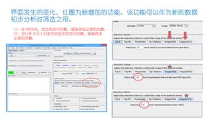 界面发生的变化，红圈为新增加的功能。该功能可以作为新的数据
初步分析时筛选之用。
U1: 近180天内，全文的访问次数，或保存该记录的次数。
U2: 2013年２月１日至今的全文的访问次数，或保存该
记录的次数。
 