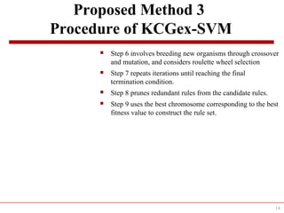 Proposed Method 3
Procedure of KCGex-SVM
 Step 6 involves breeding new organisms through crossover
and mutation, and considers roulette wheel selection
 Step 7 repeats iterations until reaching the final
termination condition.
 Step 8 prunes redundant rules from the candidate rules.
 Step 9 uses the best chromosome corresponding to the best
fitness value to construct the rule set.
14
 