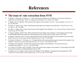 References
 The issue of rule extraction from SVM
 D. Martens, J. Huysmans, R. Setiono et al., “Rule Extraction from Support Vector Machines: An Overview of Issues and
Application in Credit Scoring,” Studies in Computational Intelligence, vol. 80, pp. 33-63, 2008.
 N. Barakat, and A. P. Bradley, “Rule extraction from support vector machines: A review,” Neurocomputing, vol. 74, no. 1-3,
pp. 178-190, 2010.
 H. Núñez, C. Angulo, and A. Catala, “Rule-Based Learning Systems for Support Vector Machines,” Neural Process. Letter.,
vol. 24, no. 1, pp. 1-18, 2006.
 H. Núñez, C. Angulo, and A. Catala, “Rule Extraction from Support Vector Machines,” Proc. European Symp. Artificial Neural
Networks, pp. 107-112, 2002.
 G. Fung, S. Sandilya, and R. B. Rao, “Rule extraction from linear support vector machines,” in Proceedings of the eleventh
ACM SIGKDD international conference on Knowledge discovery in data mining, Chicago, Illinois, USA, 2005.
 D. Martens, B. Baesens, and T.V. Gestel, “Decompositional rule extraction from support vector machines by active learning,”
IEEE Transactions on Knowledge and Data Engineering vol. 21, pp. 177-190, 2009.
 D. Martens, B. Baesens, T. Van Gestel et al., “Comprehensible credit scoring models using rule extraction from support vector
machines,” European Journal of Operational Research, vol. 183, no. 3, pp. 1466-1476, 2007.
 N. Barakat, and J. Diederich, “Eclectic Rule-Extraction from Support Vector Machines,” International Journal of
Computational Intelligence, vol. 2, no. 1, pp. 59-62, 2006.
 A.C. Chaves, M. Vellasco, and R. Tanscheit, “Fuzzy rule extraction from support vector machines,” in Proceedings of the Fifth
International Conference on Hybrid Intelligent Systems, 2005.
 N. Barakat, and A. P. Bradley, “Rule Extraction from Support Vector Machines: A Sequential Covering Approach,” IEEE
Transactions on Knowledge and Data Engineering, vol. 19, no. 6, pp. 729-741, 2007.
 