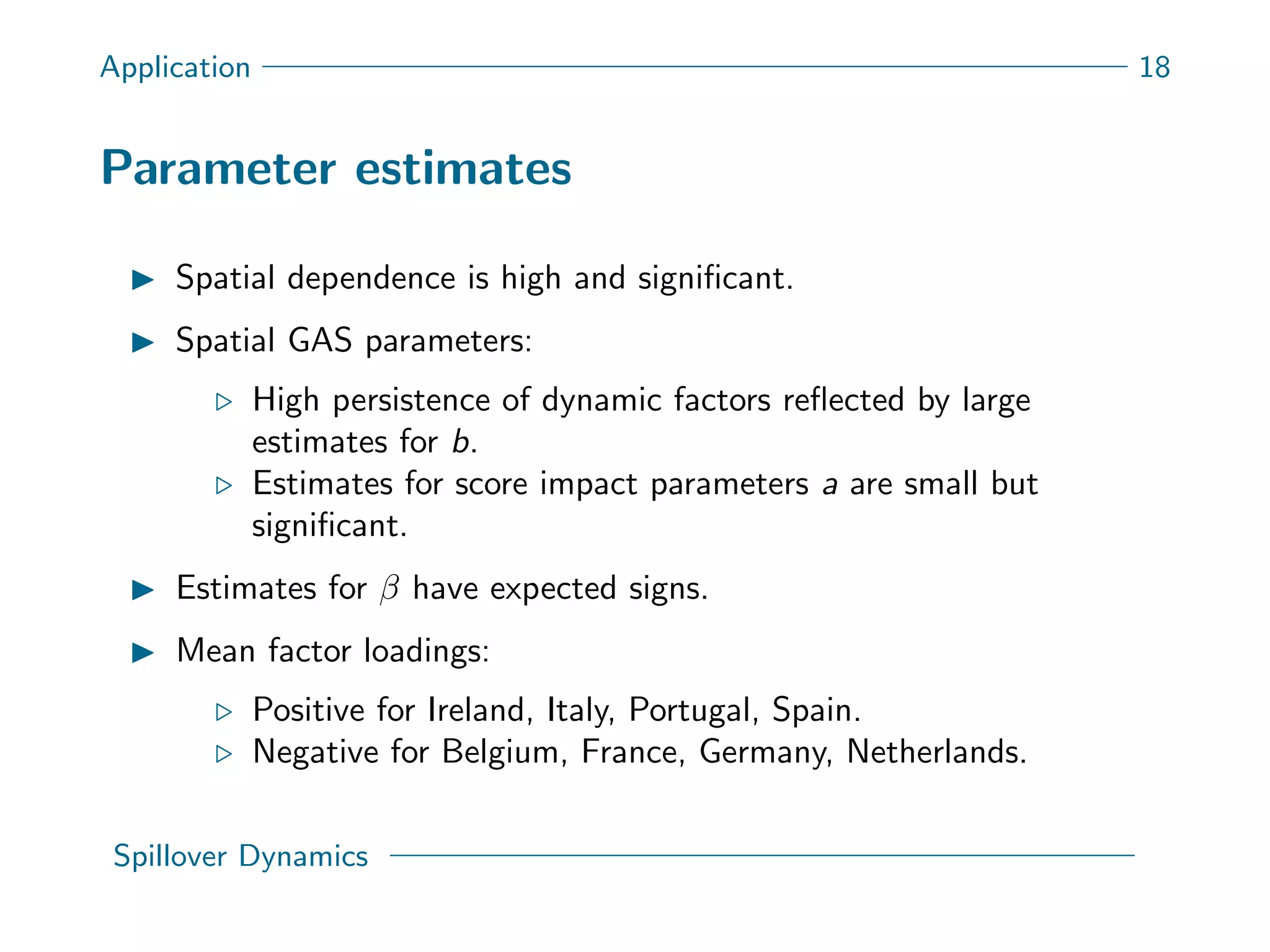 Application 18
Parameter estimates
Spatial dependence is high and signiﬁcant.
Spatial GAS parameters:
High persistence of dynamic factors reﬂected by large
estimates for b.
Estimates for score impact parameters a are small but
signiﬁcant.
Estimates for β have expected signs.
Mean factor loadings:
Positive for Ireland, Italy, Portugal, Spain.
Negative for Belgium, France, Germany, Netherlands.
Spillover Dynamics
 