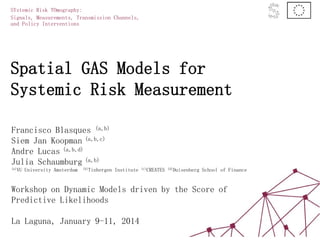 Spatial GAS Models for
Systemic Risk Measurement
SYstemic Risk TOmography:
Signals, Measurements, Transmission Channels,
and Policy Interventions
Francisco Blasques (a,b)
Siem Jan Koopman (a,b,c)
Andre Lucas (a,b,d)
Julia Schaumburg (a,b)
(a)VU University Amsterdam (b)Tinbergen Institute (c)CREATES (d)Duisenberg School of Finance
Workshop on Dynamic Models driven by the Score of
Predictive Likelihoods
La Laguna, January 9-11, 2014
 