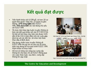 The Centre for Education and Development
Kết quả đạt được
• Tiến hành khảo sát 63 DN gỗ, và hơn 20 cơ
quan liên quan: hiệp hội, cơ quan truyền
thông : 57% từng nghe đến FLEGT-
VPA, 75% chưa biết các nội dung chủ yếu
về FLEGT-VPA
• Tổ chức Hội thảo tập huấn truyền thông và
báo cáo kết quả khảo sát vào 9/7/2014 (26
tin bài về hội thảo này, báo cáo được trích
dẫn 8 lần trên 6 báo điện tử),các cuộc gặp
định kỳ với các đối tác, tổ chức hội thảo
thúc đẩy ở Bình định
• Xây dựng chiến lược truyền thông về
FLEGT-VPA cho dự án và cho các tổ chức
hiện nay đang hỗ trợ quá trình FLEGT. VPA
tham khảo và thực hiện
• Hỗ trợ và nâng cao năng lực cung cấp
thông tin cho báo chí về FLEGT thông qua
các cuộc thảo luận, tọa đàm, cung cấp
thông tin cập nhật
Hội thảo 9/7 2014 tại Khách sạn Green Park, Hà Nội
Họp 13/3/2015 với truyền thông tại TCLN, Bộ NN&PTNT
 