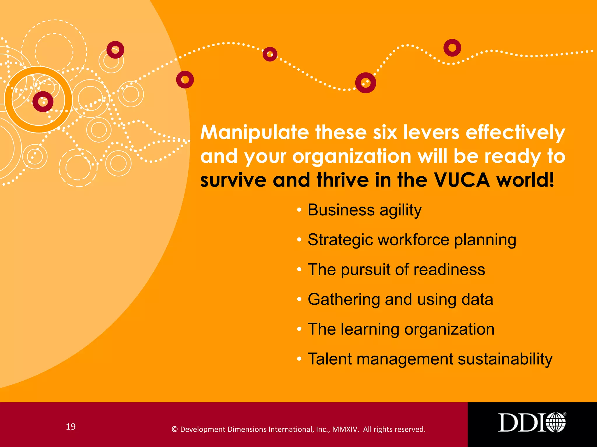 Manipulate these six levers effectively
and your organization will be ready to
survive and thrive in the VUCA world!
• Business agility
• Strategic workforce planning
• The pursuit of readiness
• Gathering and using data
• The learning organization
• Talent management sustainability

19

© Development Dimensions International, Inc., MMXIV. All rights reserved.

 