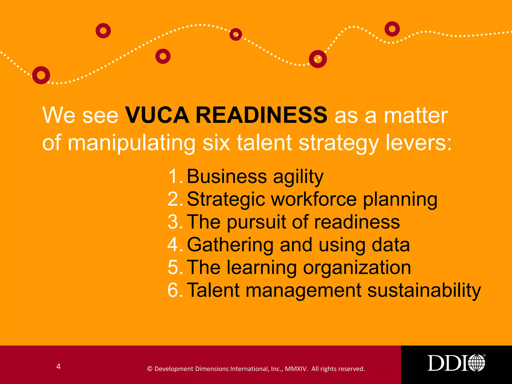 We see VUCA READINESS as a matter
of manipulating six talent strategy levers:
1. Business agility
2. Strategic workforce planning
3. The pursuit of readiness
4. Gathering and using data
5. The learning organization
6. Talent management sustainability

4

© Development Dimensions International, Inc., MMXIV. All rights reserved.

 