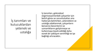 İş tanımları ve
kutucuklardan
yetenek ve
ustalığa
İş tanımları, geleneksel
organizasyonlardaki çalışanlar için
belirli görev ve sorumlulukları ana
hatlarıyla belirtirken, yeteneklere ve
ustalığa odaklanmak, çalışanların
benzersiz becerilerini ve
uzmanlıklarını geliştirmeye ve
kullanmaya teşvik edildiği daha
esnek bir yaklaşım verimliliği ve işe
bağlılığı artıracaktır..
 