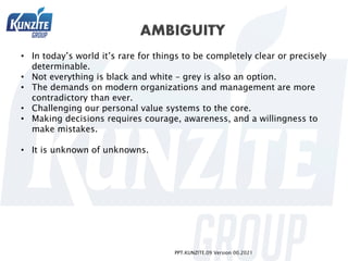 PPT.KUNZITE.09 Version 00.2021
• In today’s world it’s rare for things to be completely clear or precisely
determinable.
• Not everything is black and white – grey is also an option.
• The demands on modern organizations and management are more
contradictory than ever.
• Challenging our personal value systems to the core.
• Making decisions requires courage, awareness, and a willingness to
make mistakes.
• It is unknown of unknowns.
 