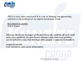 PPT.KUNZITE.09 Version 00.2021
VUCA is more than a buzzword! It is a way of thinking and approaching
solutions to the problems of our digital and dynamic world.
Waltraud Glaeser
VUCA Expert
Whereas the heroic manager of the past knew all, could do all, and could
solve every problem, the post heroic manager asks how every problem
can be solved in a way that develops other people´s capacity to handle it.
Charles Handy
Irish economic and social philosopher
 