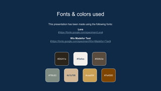 This presentation has been made using the following fonts:
Lora
(https://fonts.google.com/specimen/Lora)
Wix Madefor Text
(https://fonts.google.com/specimen/Wix+Madefor+Text)
#2b241a #f3efea #594b3e
#7f8c83 #d1b796 #caa054 #7e4500
Fonts & colors used
 