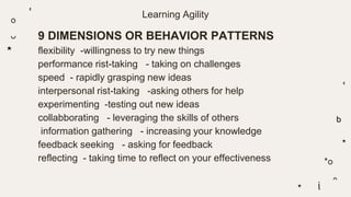Learning Agility
9 DIMENSIONS OR BEHAVIOR PATTERNS
flexibility -willingness to try new things
performance rist-taking - taking on challenges
speed - rapidly grasping new ideas
interpersonal rist-taking -asking others for help
experimenting -testing out new ideas
collabborating - leveraging the skills of others
information gathering - increasing your knowledge
feedback seeking - asking for feedback
reflecting - taking time to reflect on your effectiveness
 