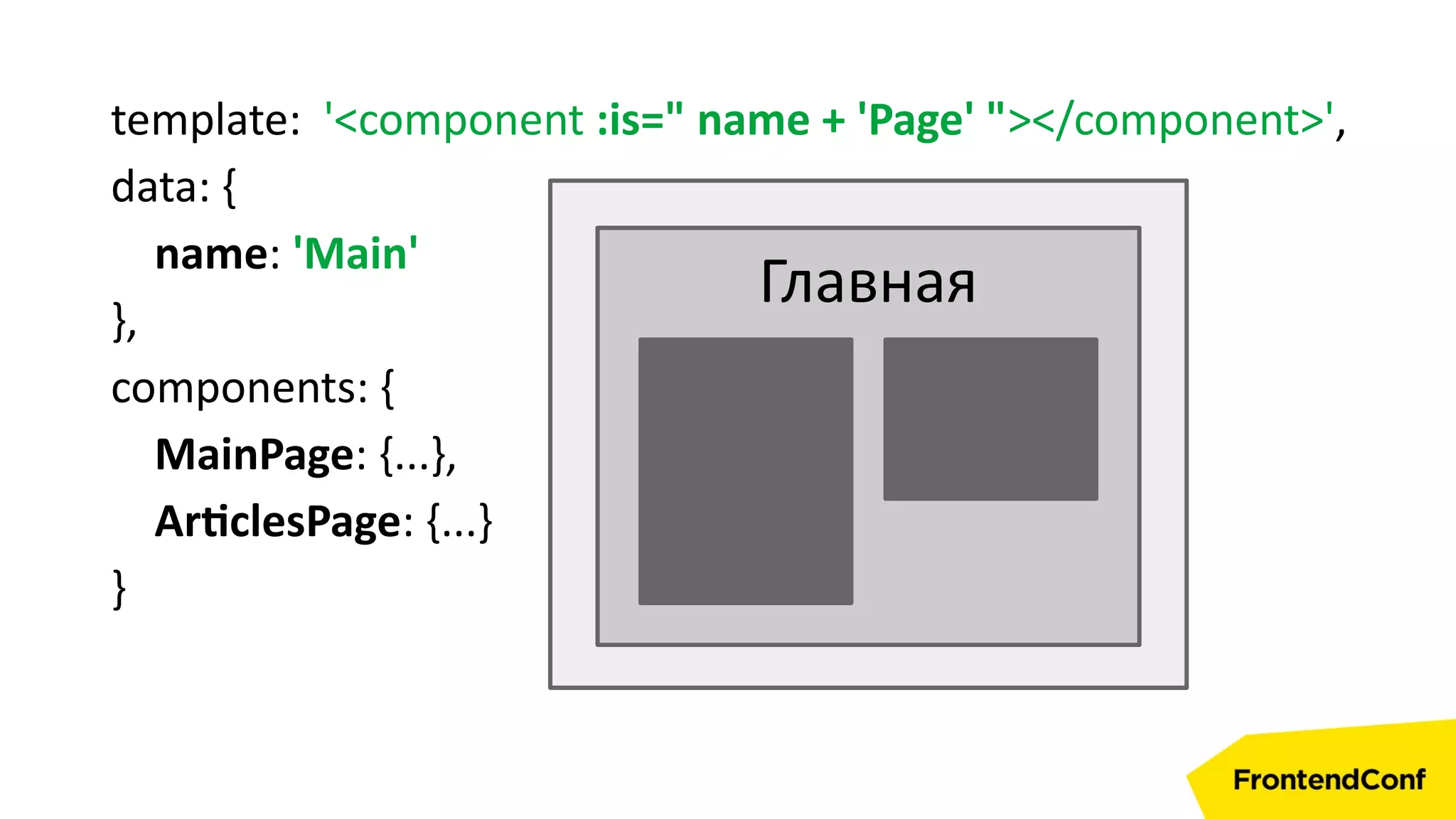 template: '<component :is=" name + 'Page' "></component>',
data: {
name: 'Main'
},
components: {
MainPage: {...},
ArticlesPage: {...}
}
Главная
 
