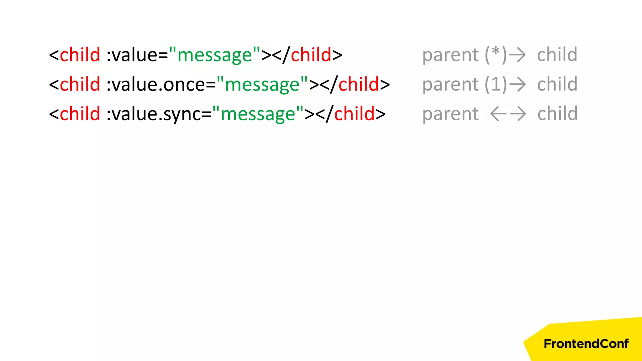 <child :value="message"></child>
<child :value.once="message"></child>
<child :value.sync="message"></child>
parent (*)→ child
parent (1)→ child
parent ←→ child
 