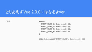 ȤꤢVue 2.0.0ˤϤʤver.
 events: {
EVENT_NAME_1: function() {},
EVENT_NAME_2: function() {},
EVENT_NAME_3: function() {},
EVENT_NAME_4: function() {}
}
this.$dispatch('EVENT_NAME', function() {})
 