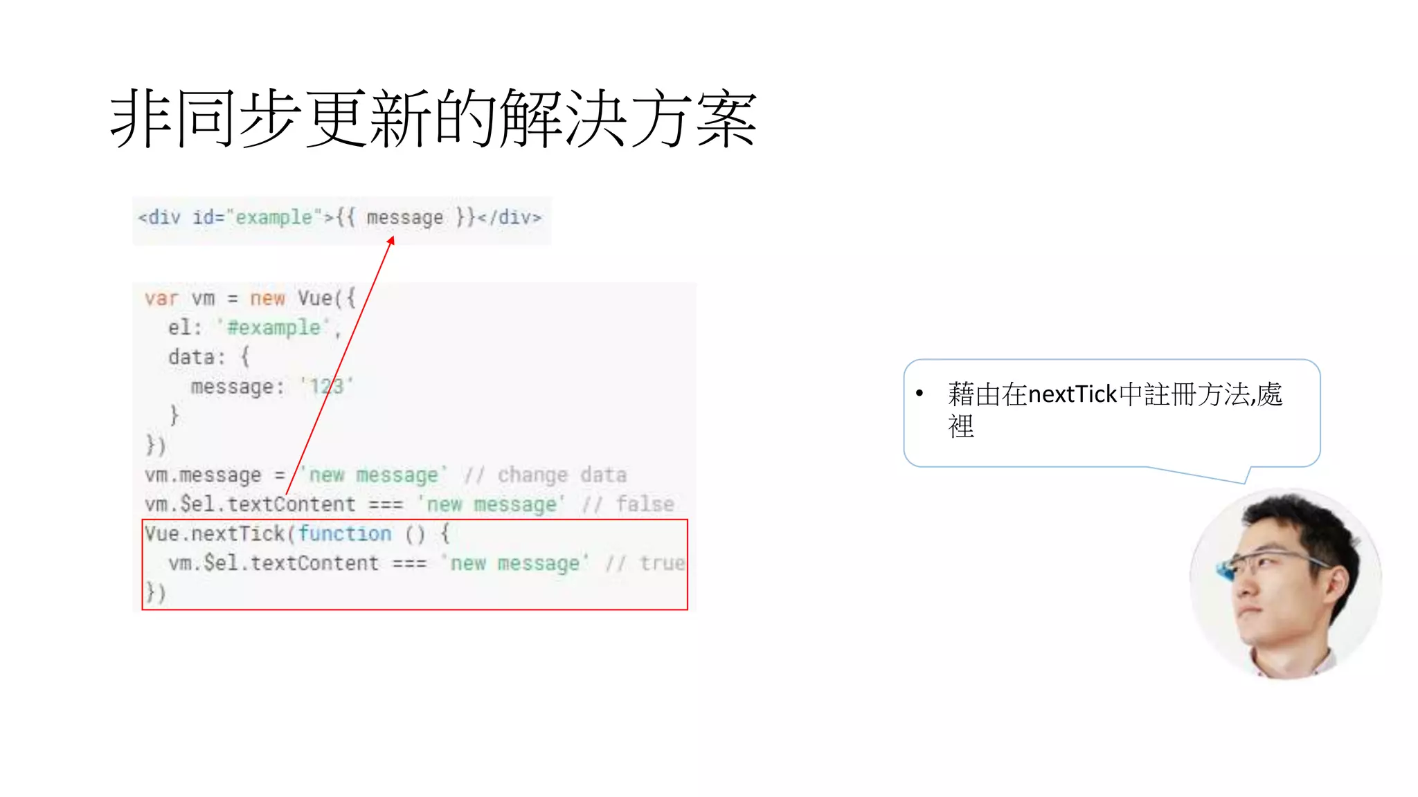 非同步更新的解決方案
• 藉由在nextTick中註冊方法,處
裡
 