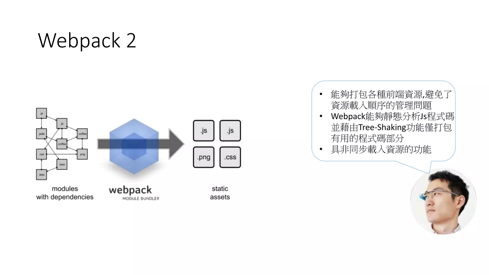 Webpack 2
• 能夠打包各種前端資源,避免了
資源載入順序的管理問題
• Webpack能夠靜態分析Js程式碼
並藉由Tree-Shaking功能僅打包
有用的程式碼部分
• 具非同步載入資源的功能
 