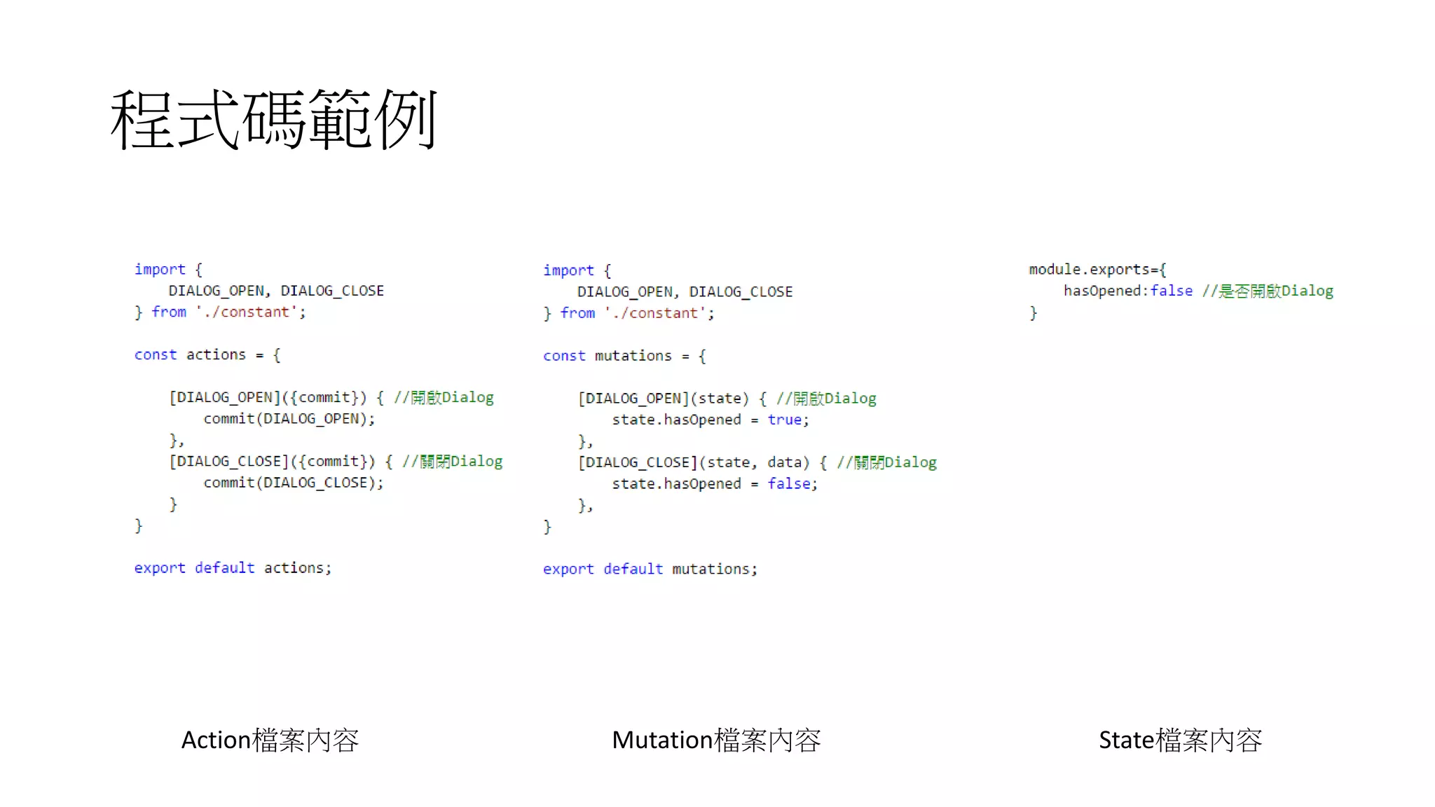 程式碼範例
Action檔案內容 Mutation檔案內容 State檔案內容
 