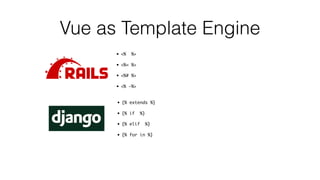 Vue as Template Engine
• <% %>
• <%= %>
• <%# %>
• <% -%>
• {% extends %}
• {% if %}
• {% elif %}
• {% for in %}
 