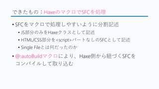 できたもの：HaxeのマクロでSFCを処理
&bull; SFCをマクロで処理しやすいように分割記述
&bull; JS部分のみをHaxeクラスとして記述
&bull; HTML/CSS部分を<script>パートなしのSFCとして記述
&bull; Single Fileとは何だったのか
&bull; @:autoBuildマクロにより、Haxe側から紐づくSFCを
コンパイルして取り込む
 