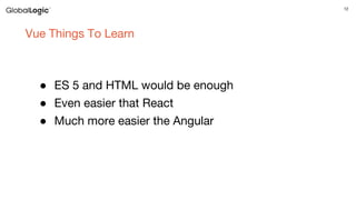 12
Vue Things To Learn
● ES 5 and HTML would be enough
● Even easier that React
● Much more easier the Angular
 