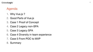 2
Agenda
1. Why Vue.js ?
2. Good Parts of Vue.js
3. Case 1 Proof of Concept
4. Case 2 Legacy non-SPA
5. Case 3 Legacy SPA
6. Case 4 Diversity in team experience
7. Case 5 From POC to MVP
8. Summary
 