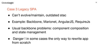 30
Case 3 Legacy SPA
● Can’t evolve/maintain, outdated stac
● Example: Backbone, Marionet, AngularJS, RequireJs
● Usual backbone problems: component composition
and state management
● Danger ! in some cases the only way to rewrite app
from scratch
 