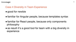 42
Case 4 Diversity in Team Experience
● good for newbie
● familiar for Angular people, because templates syntax
● familiar for React people, because only components
philosophy
● as result it’s a good tool for team with a big diversity in
experience
 