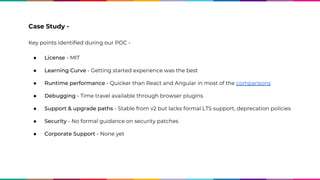 Case Study -
Key points identified during our POC -
● License - MIT
● Learning Curve - Getting started experience was the best
● Runtime performance - Quicker than React and Angular in most of the comparisons
● Debugging - Time travel available through browser plugins
● Support & upgrade paths - Stable from v2 but lacks formal LTS support, deprecation policies
● Security - No formal guidance on security patches
● Corporate Support - None yet
 