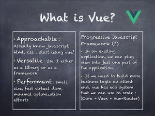 What is Vue?
• Approachable :
Already know javascript,
html, css… start using vue!
• Versatile : Use it either
as a library or as a
framework
• Performant : small
size, fast virtual dom,
minimal optimization
efforts
Progressive Javascript
Framework (?)
§ In an existing
application, we can plug
view into just one part of
the application.
§ If we need to build more
business logic on client
end, vue has eco system
that we can use to scale : 
(Core + Vuex + Vue-Router)
 