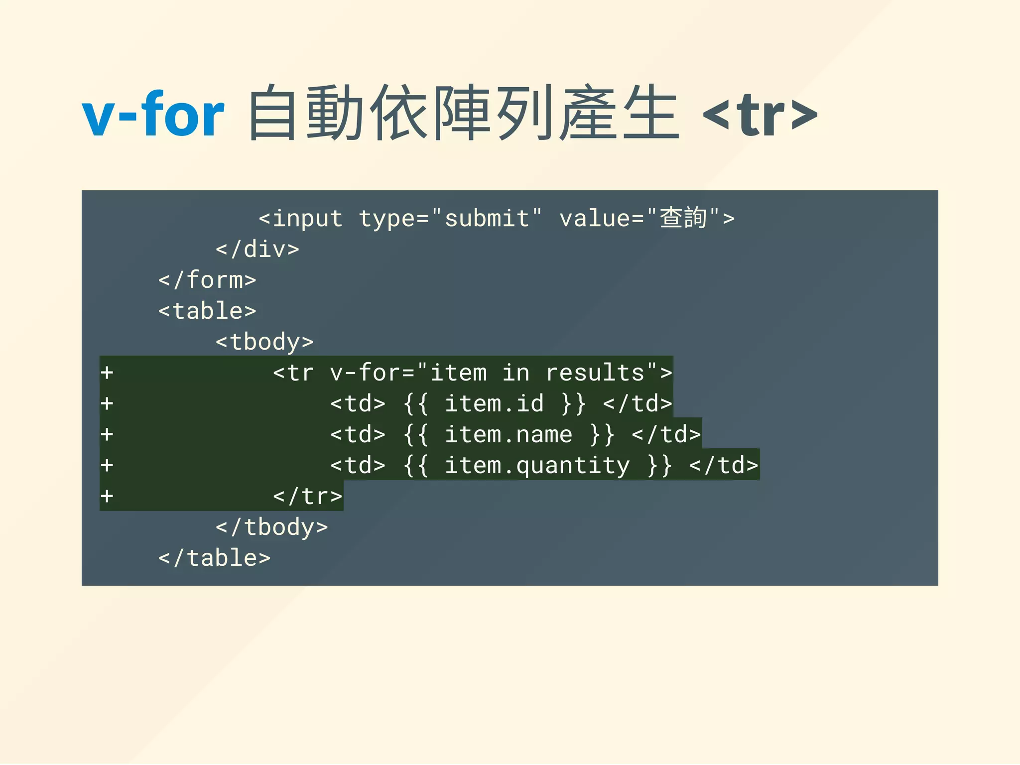 案例中的需求：
1. 從<form> 撈輸入值回來
2. 用<form> 的輸入值執行AJAX 請求
3. 把AJAX 請求的結果陣列轉成<tr> 塞進<table>
 